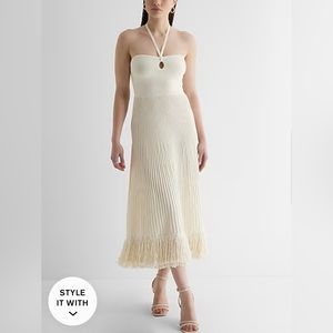 RIBBED HALTER NECK FRINGE MAXI SWEATER DRESS